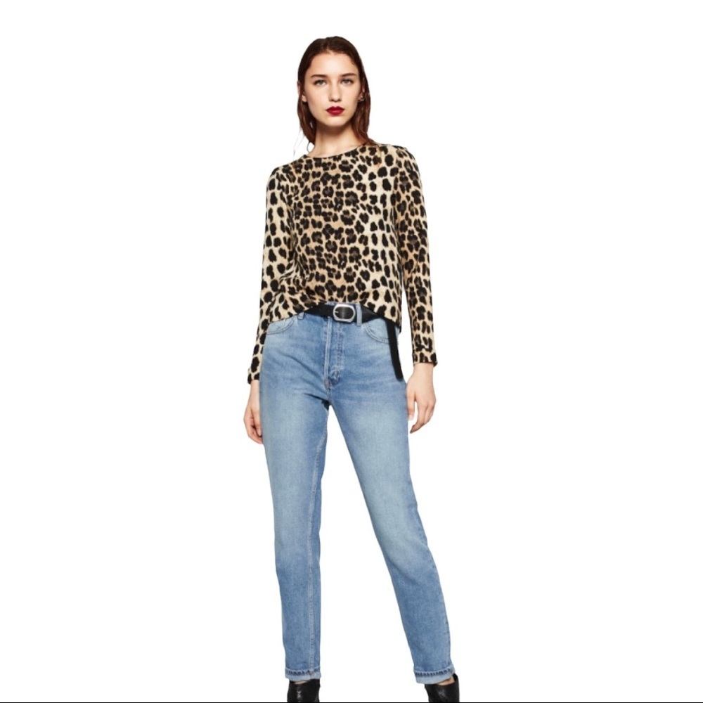 Zara Basic Long Sleeve Leopard Animal Print Split Back- Size M​